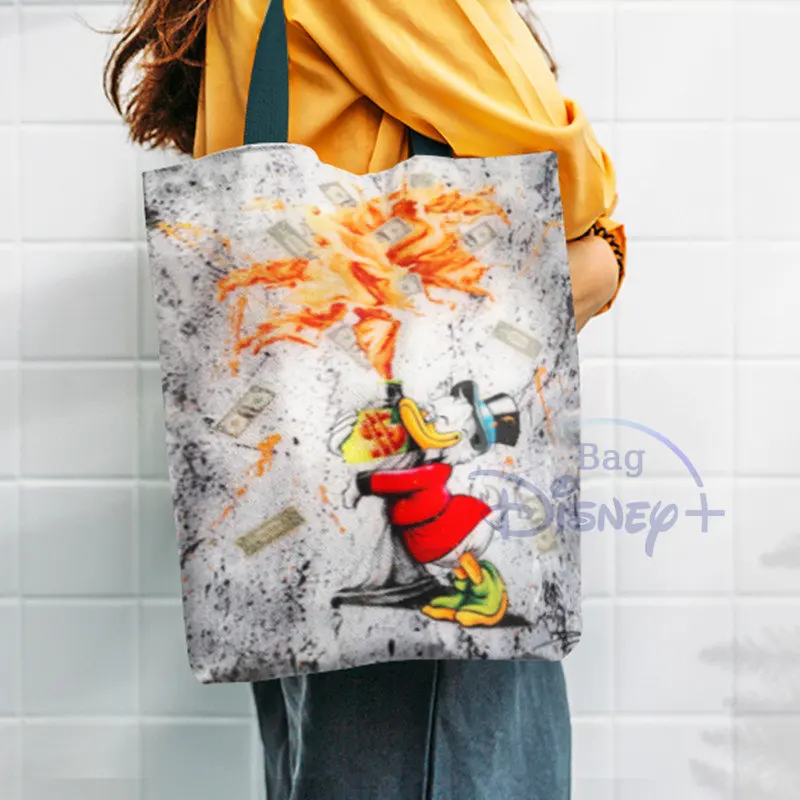 

Disney Anime Graffiti Handbag Shoulder Bags Mickey Mouse Canvas Female Shopping Tote Trendy School Beach Eco Bag Large Storage
