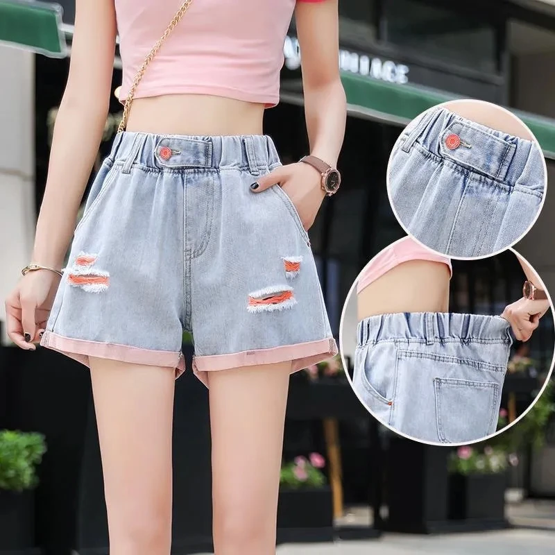 Elastic High Waist Ripped Denim Shorts Women 2024 Summer Korean Preppy Style Hole Loose Wide Leg Pants Casual Cuffs Jean Shorts
