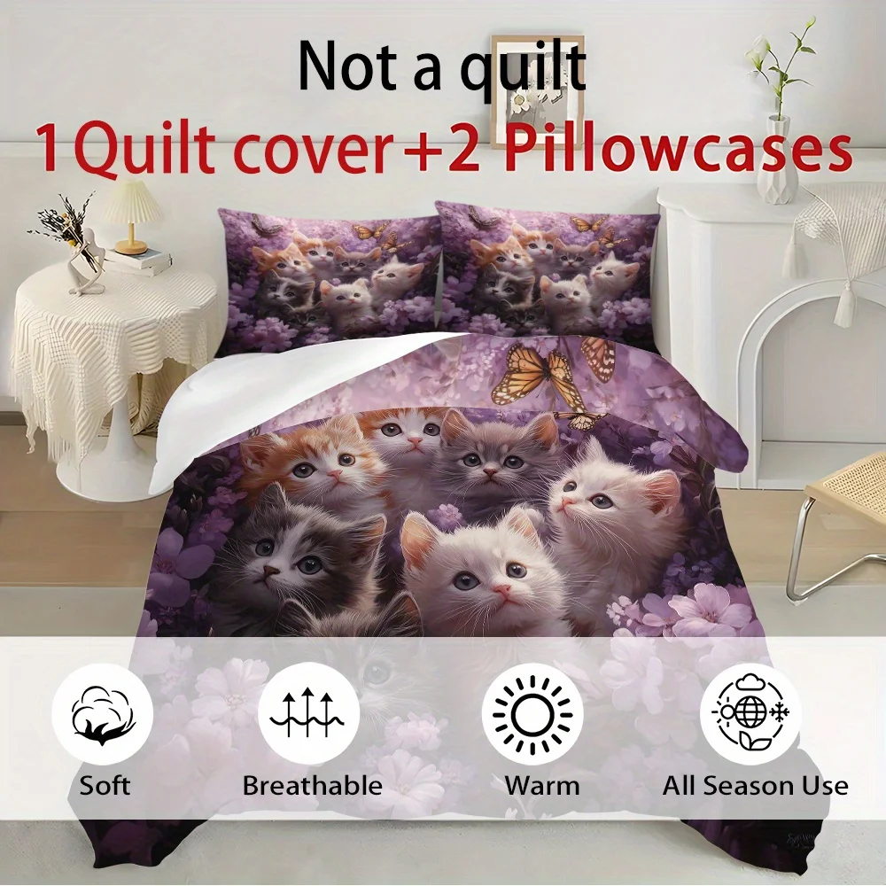 3pcs Cat Flowers Pattern Printed Quilt Cover Set, High-definition Printed Bedding Set, 1 Quilt Cover +2 Pillowcases