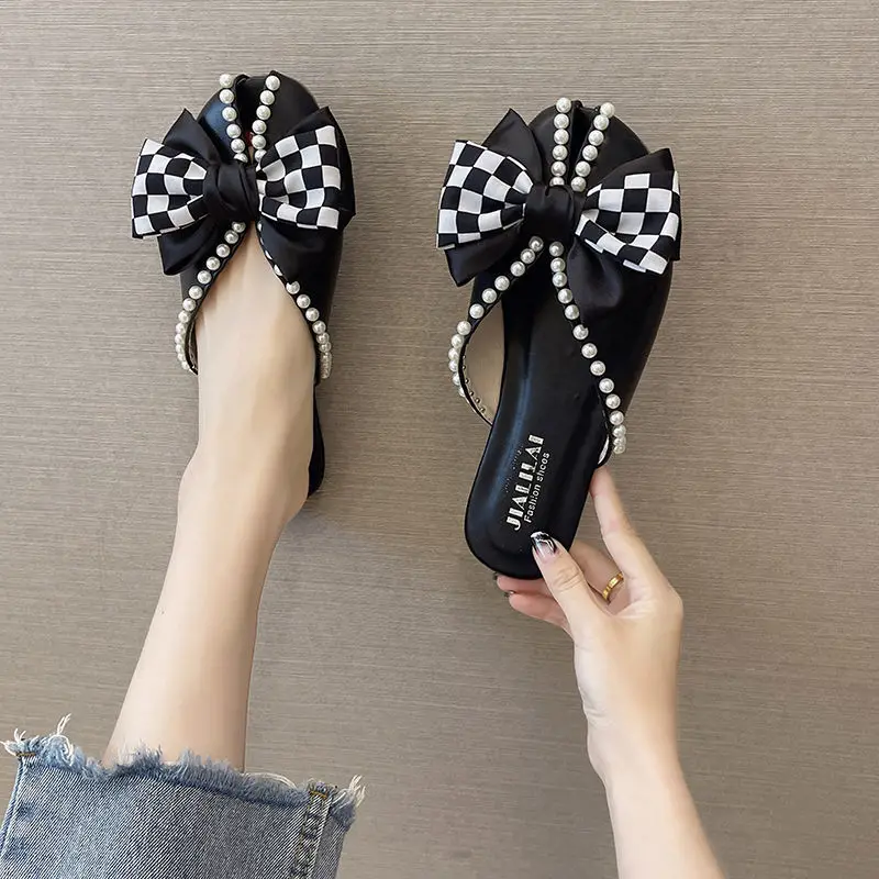 Closed Toe Half Slippers for Women Summer Wear 2022 New Bow Pearl