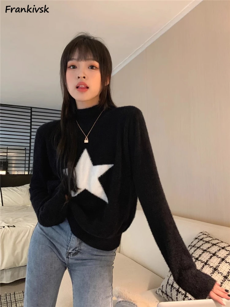 

Sweaters Women Sweet American Preppy Style High Street Star-design Mock Neck All-match Fashion Aesthetic Popular Knitwear Autumn