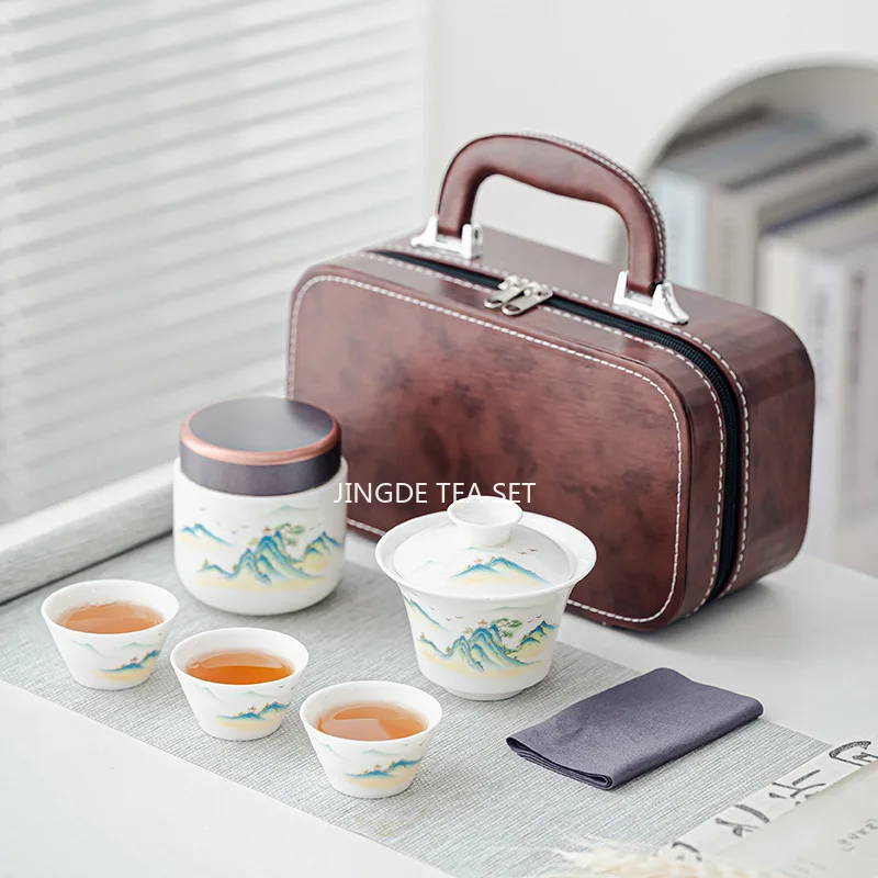 Travel Tea Set, Bowl Lid, Gaiwan,Tea Cup, Outdoor Kung Fu Tea Set, Portable Kuaike Cup, Sheep Fat Jade White Porcelain Gift