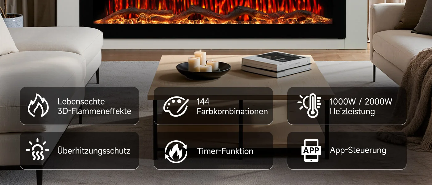 HOMAVO Elektrokamin mit Schrank, 50" 1000/2000W Elektrokamin mit Heizung, 3D-Flammeneffekt, Fernbedienung & App-Steuerung – Detail 6