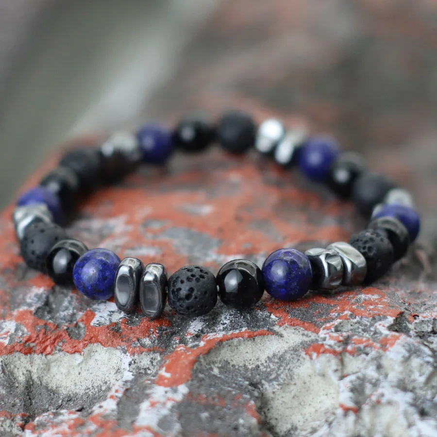 Handgefertigtes Naturstein-Armband für Männer, unregelmäßiges Hämatit-Heilarmband, Klasse A, Lava, Tigeraugen-Armband, Chakra, Yoga, Brazalete – Detail 12