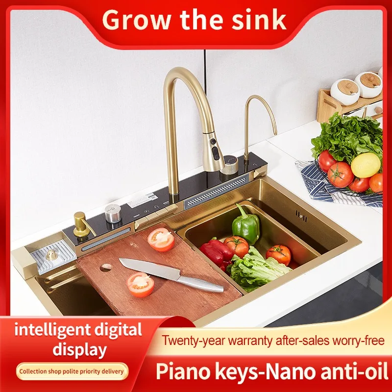 Golden Stainless Steel Sink Household Honeycomb Embossed Booster Pull Out Faucet Cup Washer Waterfall Large Single Kitchen Sink 2