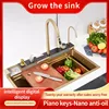 Golden Stainless Steel Sink Household Honeycomb Embossed Booster Pull Out Faucet Cup Washer Waterfall Large Single Kitchen Sink 2