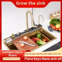 Golden Stainless Steel Sink Household Honeycomb Embossed Booster Pull Out Faucet Cup Washer Waterfall Large Single Kitchen Sink 2