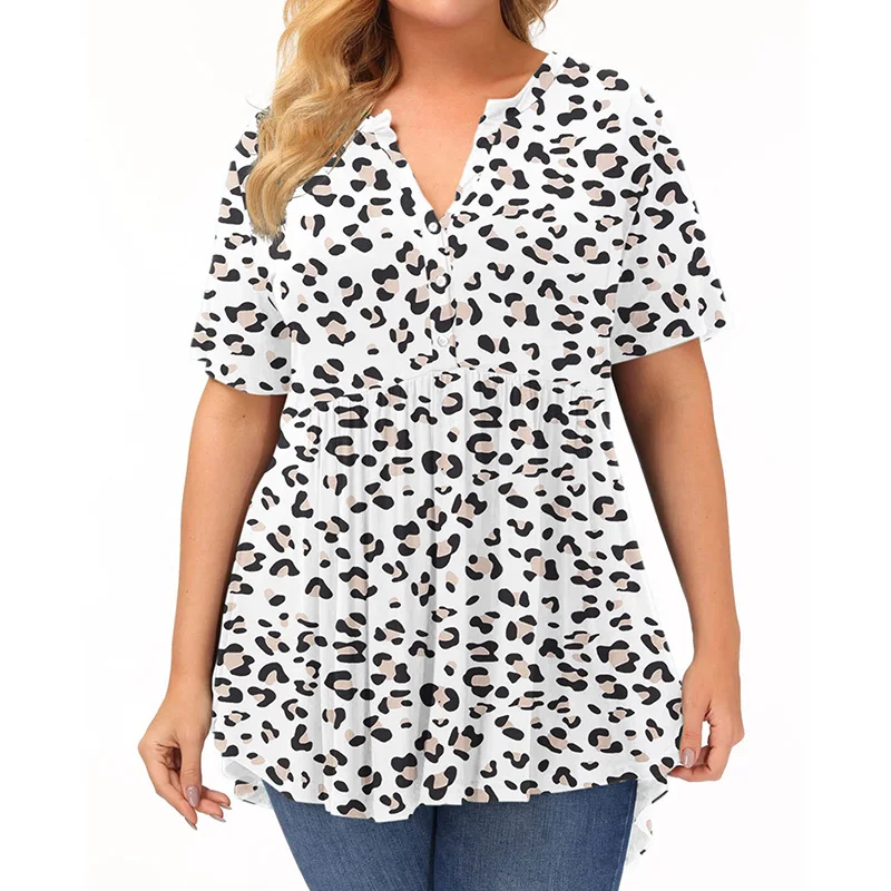 Casual Comfort Leopard Loose Pullover Irregular T-Shirt Women's Summer Plus Size Clothes Floral Printing Short Sleeve Tops