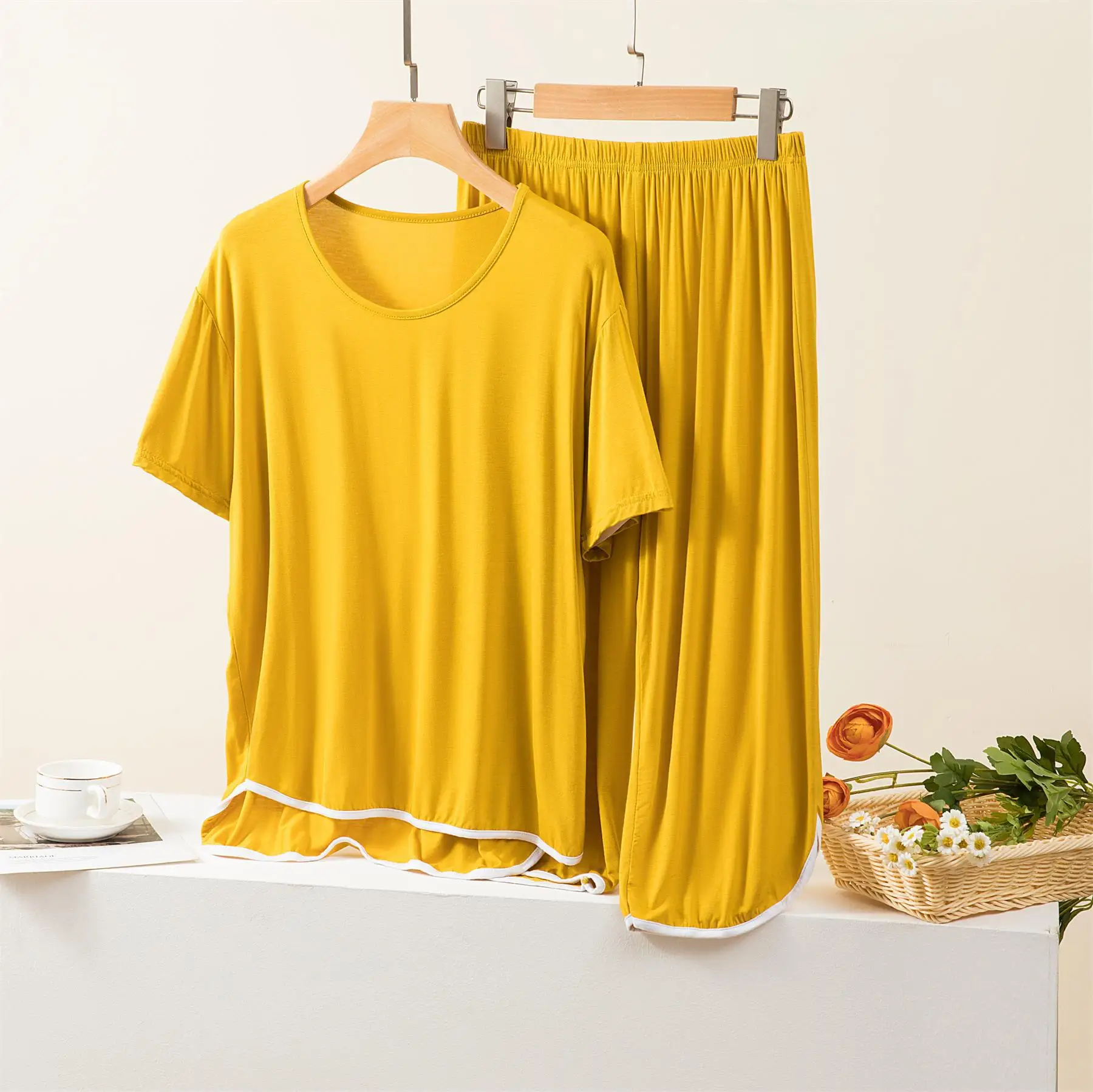 Summer Short Sleeve Sleepwear T-shirt Cropped Trousers Sets Women's Home Clothes Modal Pajamas Sets Thin Pyjama Pour Femme XXL