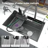 Double Waterfall Kitchen Sink Modern LED Display Kitchen Sink with Flexible Tap Smart Stainless Steel Sink with Accessories 4