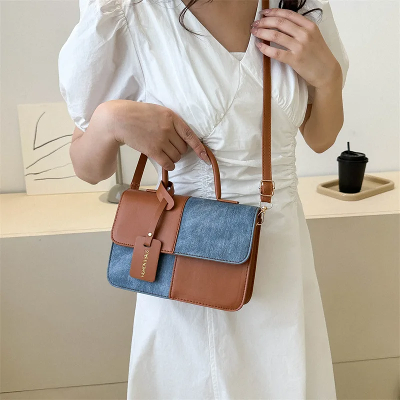 Denim Color Patchwork Shoulder Bags for Women PU Leather Mini Crossbody Bag England Style Handbags Ladies Female Purses New Flap
