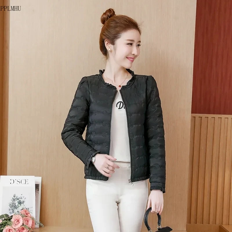 

Casual Ruffle Collar Long Sleeve Short Coat Basic Solid Ladies Outwear Winter UltraLight Slim Zipper Cotton-Padded Jacket Women