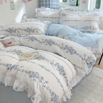 4pcs Korean lace Duvet Cover Set (1*Duvet Cover +1 flat sheet + 2*Pillowcase, Without Core), Fresh Flower Print Bedding Set
