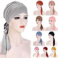 Solid Long Tail Bow Turban Hat Elastic Headwrap Scarf Beanies Hat India African Headband Muslim Hijab Ladies Night Cap 2023 1