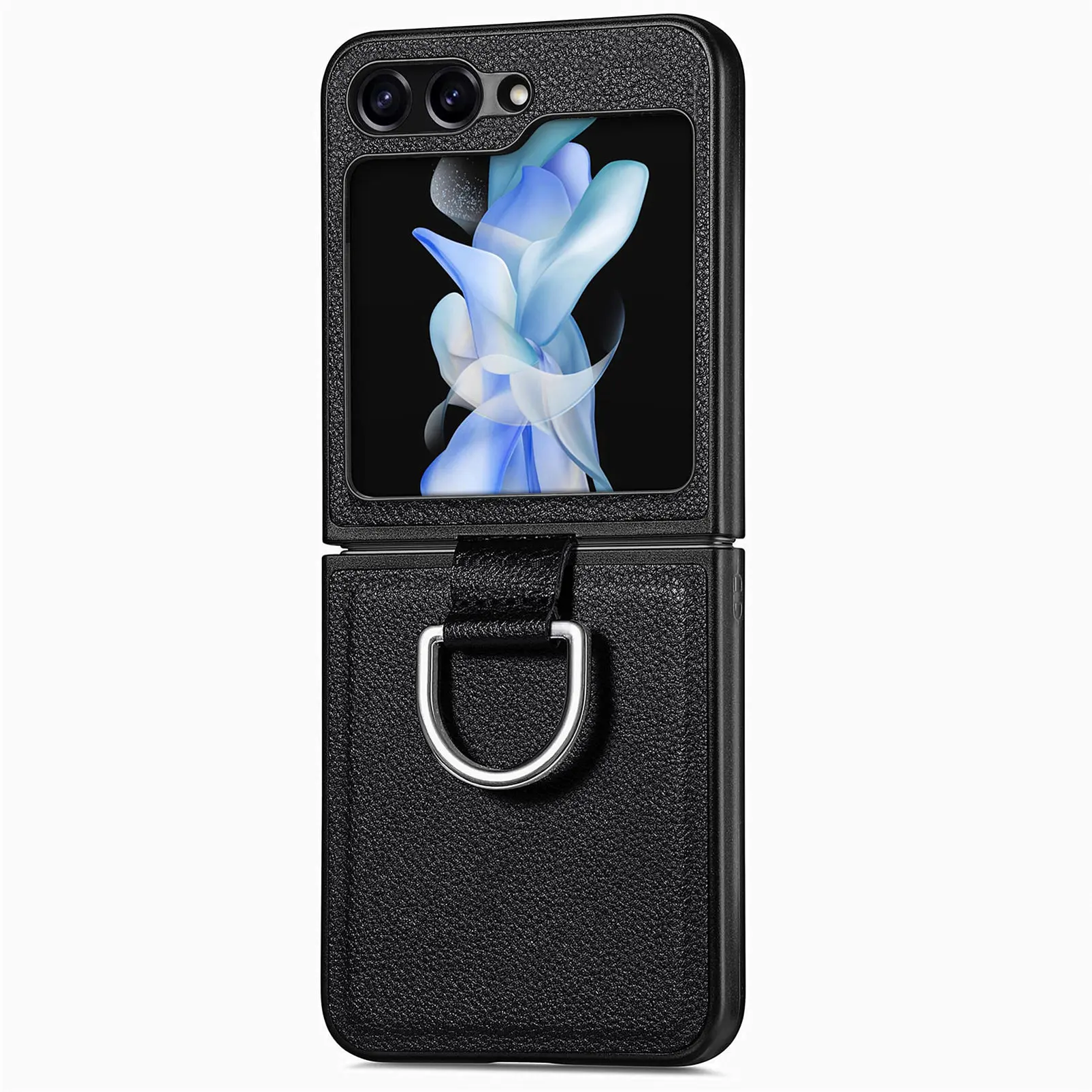 Lychee Pattern Leather Ring Phone Case in Pure Color