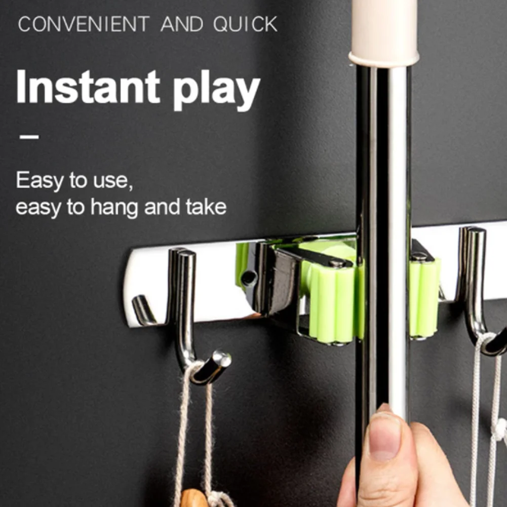 Mop And Broom Holder, Wall Mounted Organizer-Mop And Broom Storage Tool Rack With 4 Ball Slots And 5 Hooks - View #2