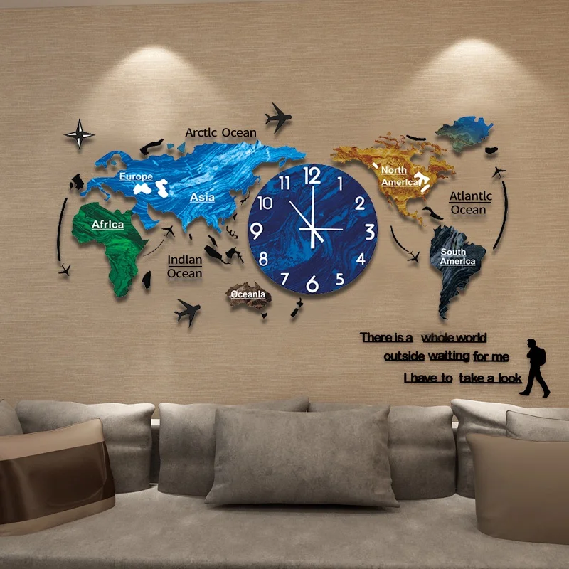 A living room with a 3D world map wall clock, adding travel vibes to the decor.