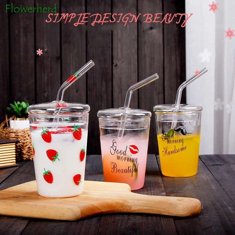 Glass Water Bottle Glass Straw Cute Glass Cups Lids Straws Glass