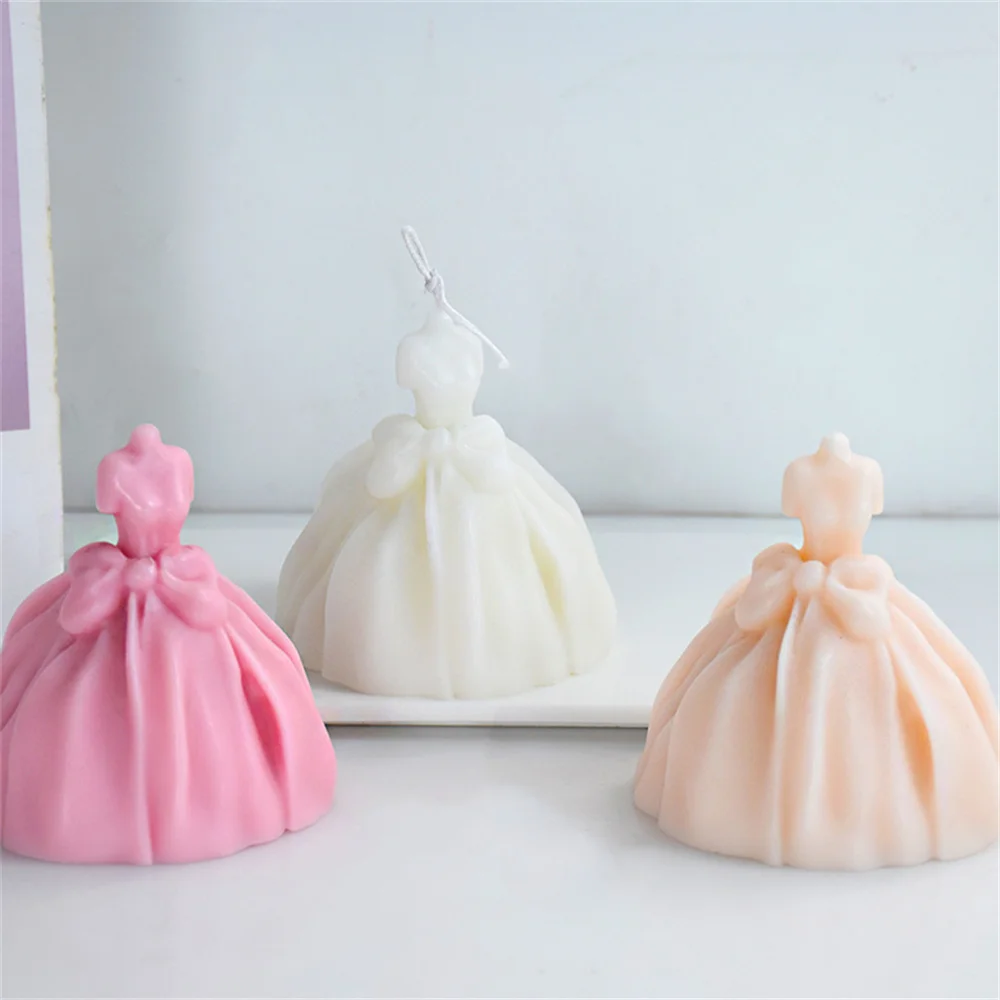 Bowknot Wedding Candles Silicone Molds Diy Scented Candles Plaster Ornaments Handmade Soap Wedding Dress Shape Mould
