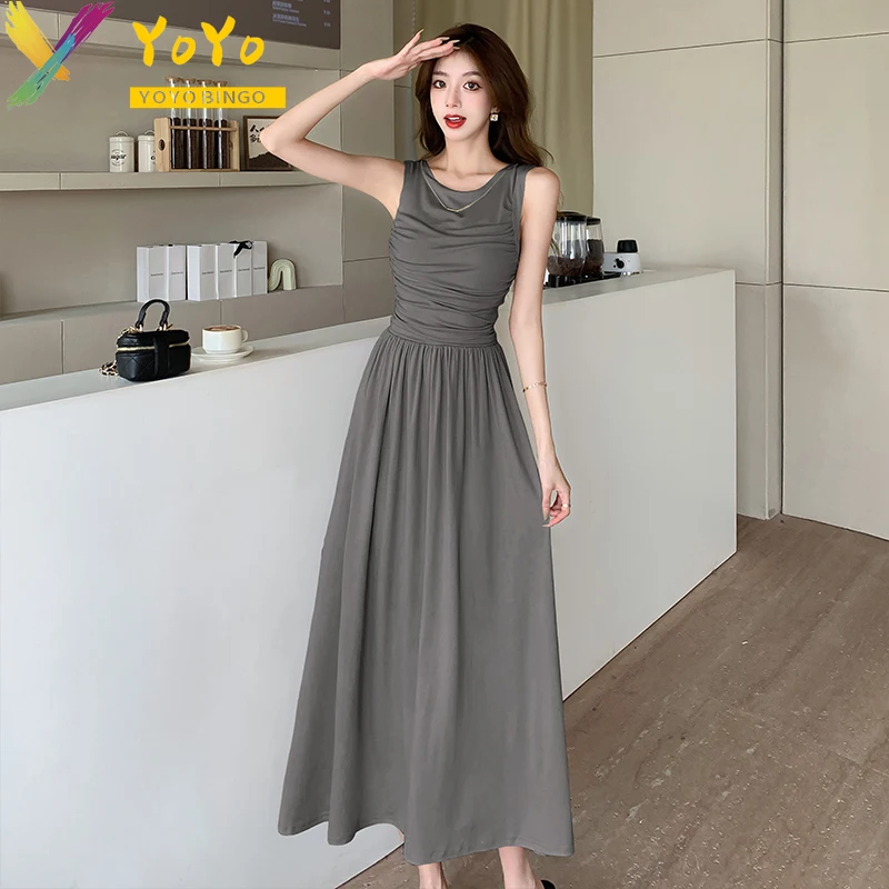 

2024 Summer Elegant Solid Color Pleated Sleeveless Vest Ankle A-line Dress Women's Fashion Slim Bodycon Casual temperament Dress