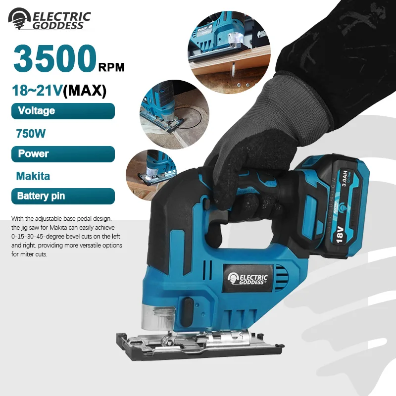 Cordless Electric Curved Saw 750W Rechargeable Electric Jig Saw Woodworking Cutting Power Tool for Makita 18V Battery 3500RPM