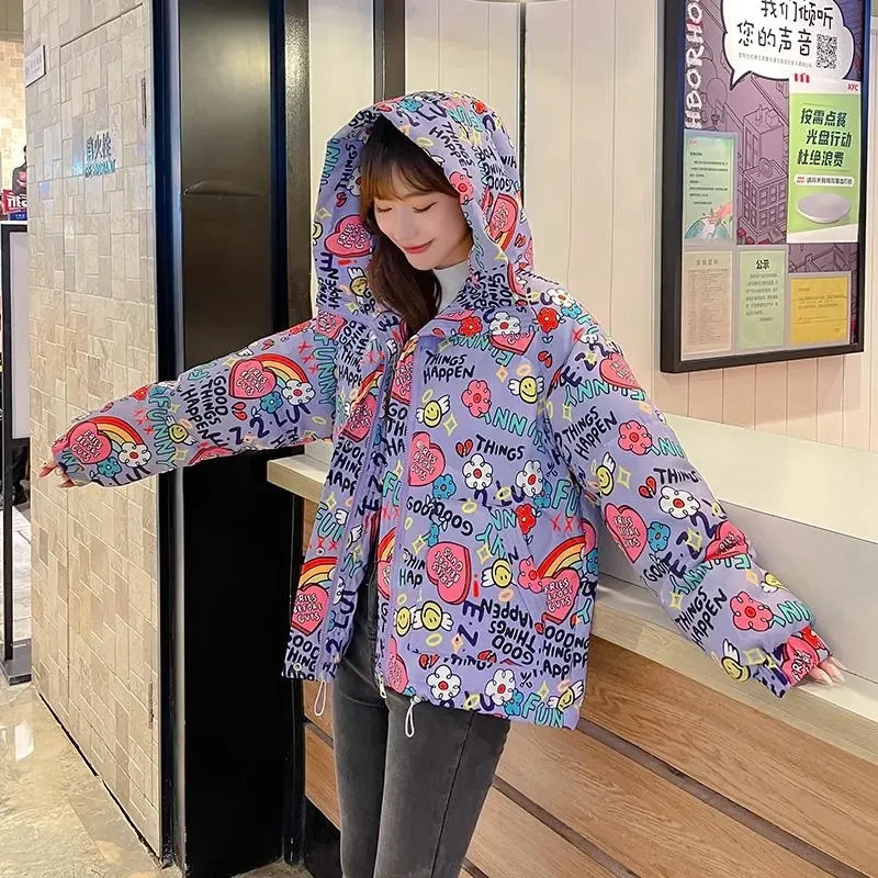 Stylish Teen Girl Bubble Graffiti Winter Jacket - true deals club