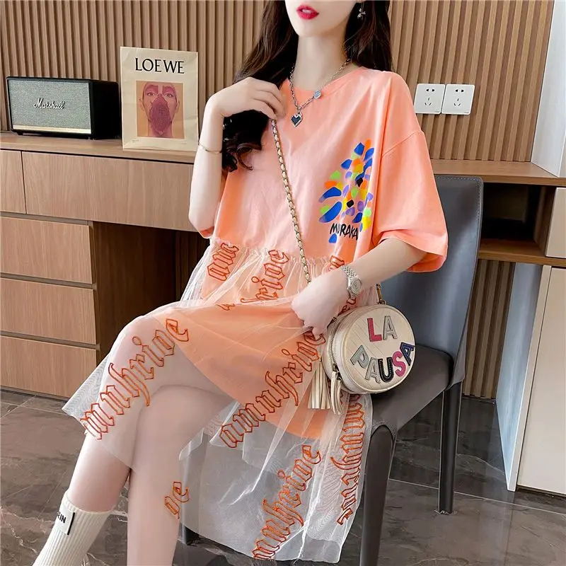 여성용 레터 프린트 메쉬 패치워크 반팔 티셔츠 드레스, 캐주얼 스트리트웨어, 느슨한 Y2K 요정 미디 드레스, 2023 여름 의류