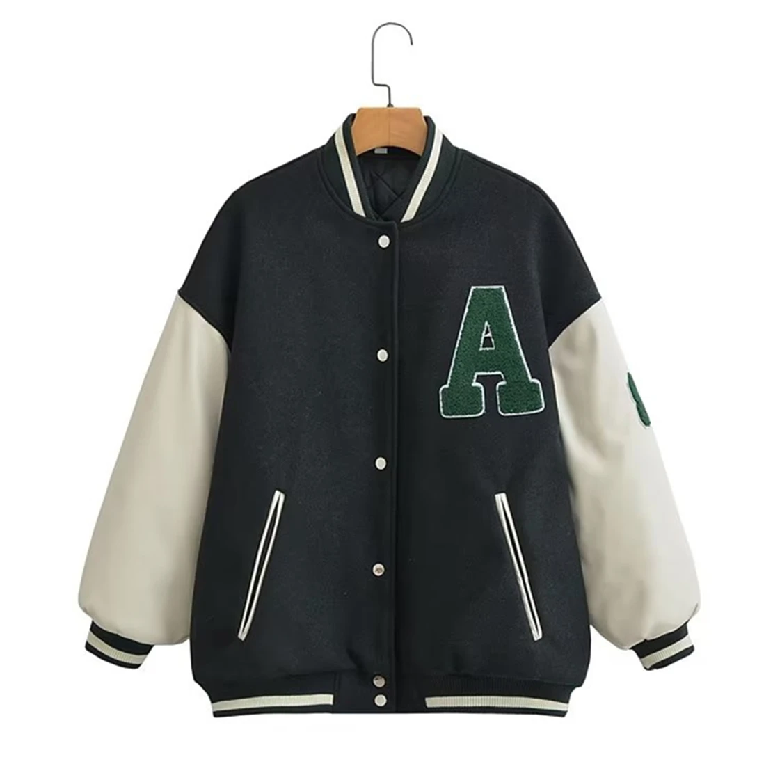 

Dave&Di Boyfriend Bomber Letter Patchwork Jacket Women Vintage Woolen Pu Leather Splicing Loose Coat