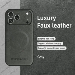 Luxury Textured Leather Phone Case with Wireless Charging & Magnetic Cover - iPhone 15 Plus (Gray)