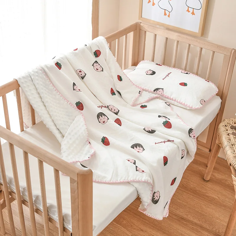 

INS Nordic Style 100% Cotton Blankets Cartoon Strawberry Bear Print Throw Blanket Kids Sleepsack Quilt Sofa Bed Cover Boy Girls