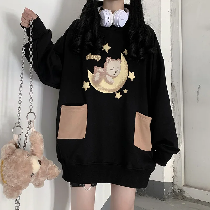 Women Harajuku Sweatshirt Cute Teddy Bear Hoodie Sweatshirts Woman Black Oversized Plush Vintage Kawaii Clothes White Streetwear