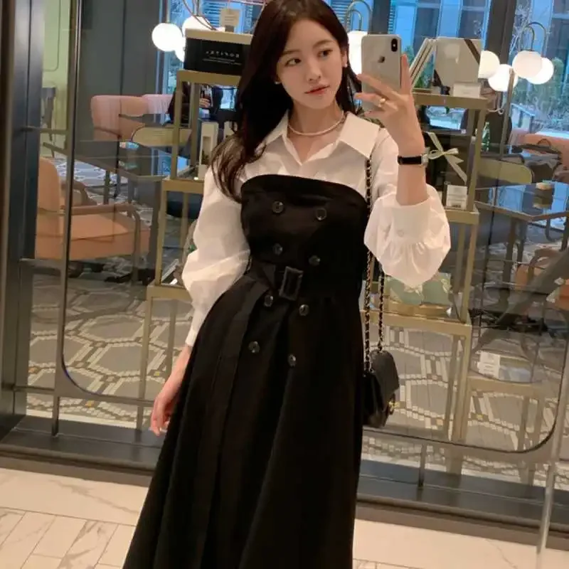 Elegant Korean Style Double Breasted Shirt Insert Mid Length Coat Dress Fashionable High Class Windbreaker for Women
