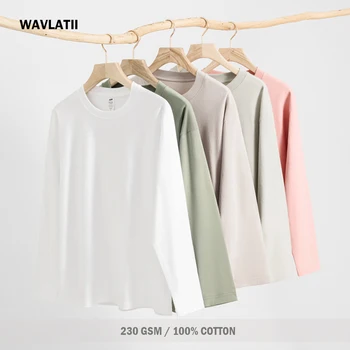 WAVLATII nuevas camisetas de manga larga para mujer azul 230 GSM Casual de gran tamaño Tess Lady sólido básico blanco negro Tops WLT2470 1