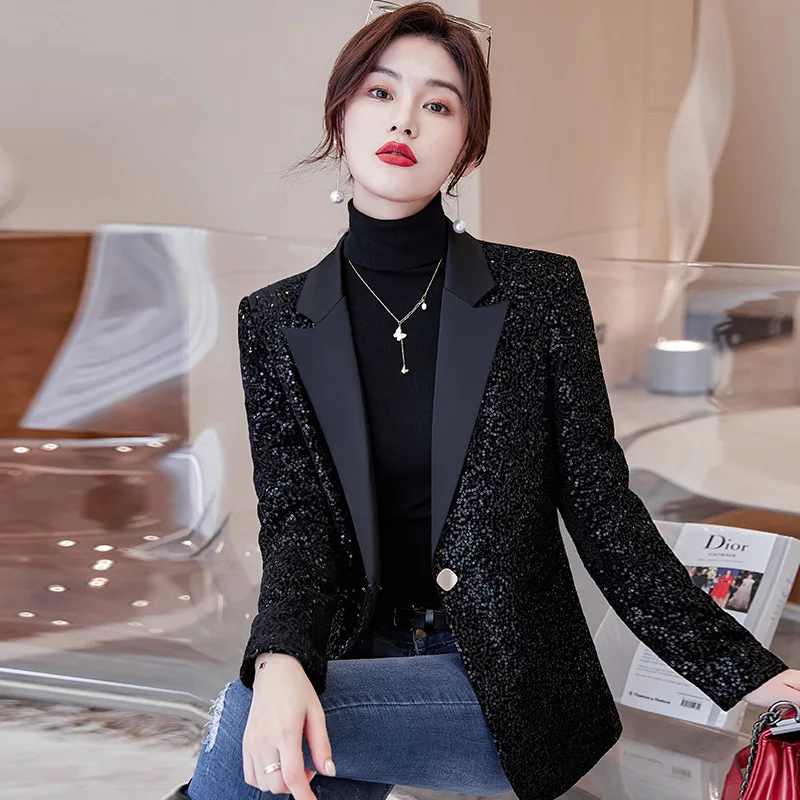 

Spring Autumn Women's High-End Sequins Small Suit Korean Version Of The Fashion Casual Coats Slim-Fit Show Thin Blazers Jacket
