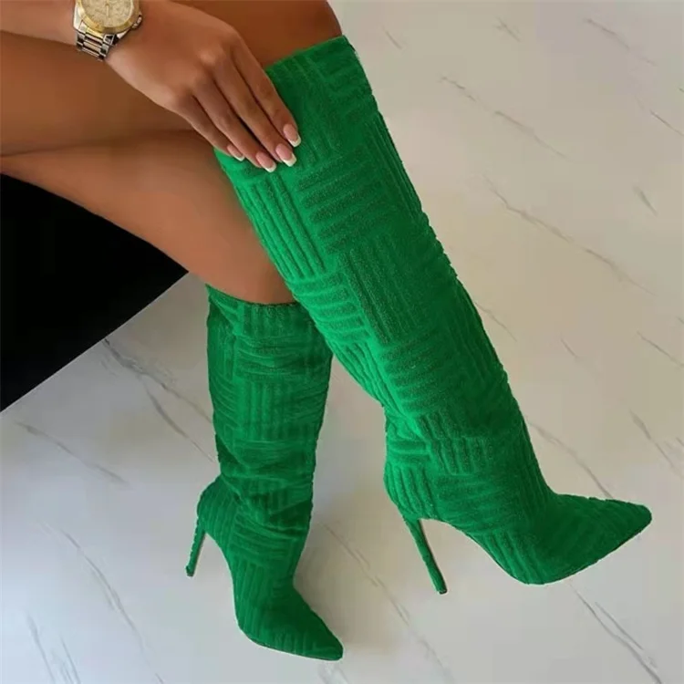 New Plush Towel Women Winter Boots Colorful Thigh High Heels Large size 43 Long Pointy Over The Knee Boots