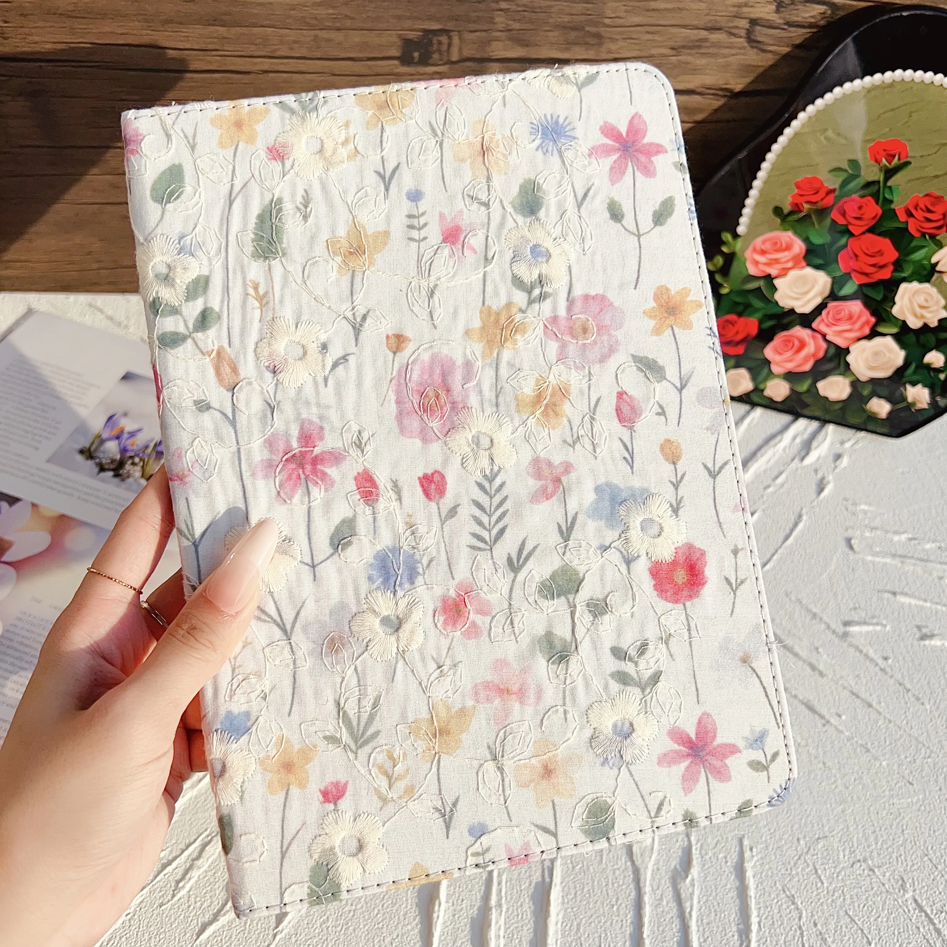 Fabric Flowers Tablet Cover - Artistic Design and Durable Protection