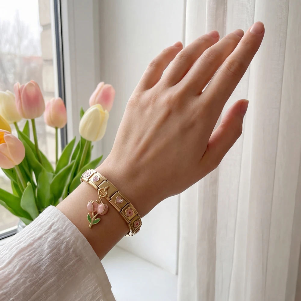 URING 9 mm italienisches Edelstahl-Armband, Herz-Blumen-Werkzeug-Kombinationsset, 19-teiliges Set, DIY-Charm-Schmuck, Valentinstagsgeschenke – Detail 6