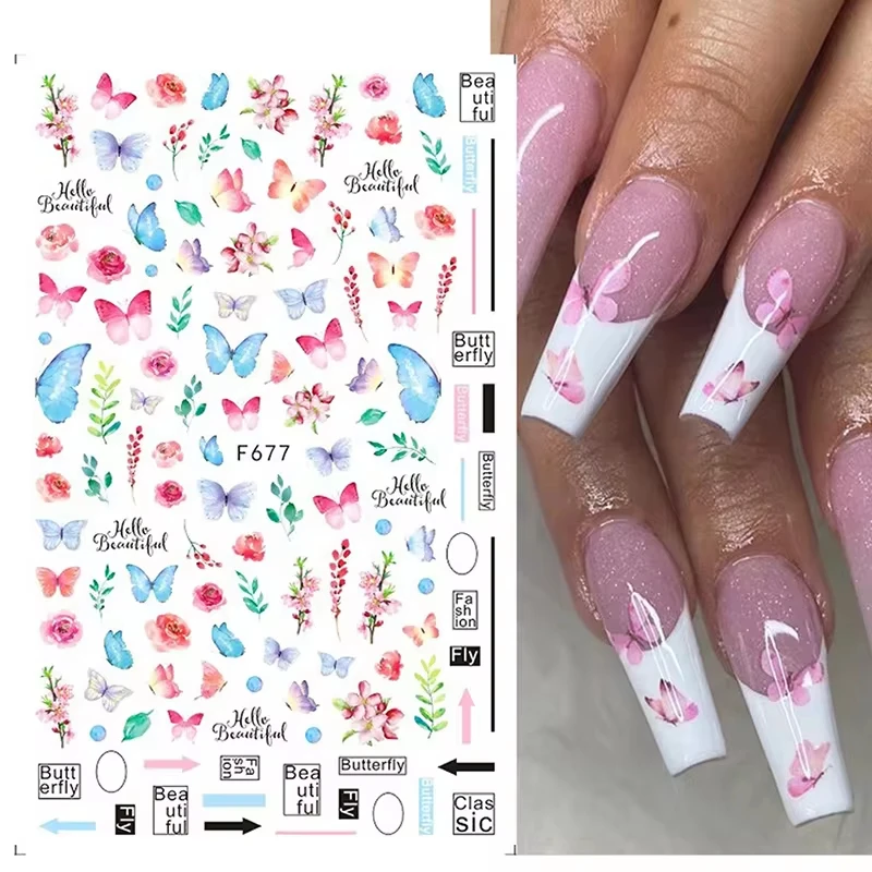 Luxury Nail Design Colorful Butterfly Nail Sticker 3D Fruit Floral Nail Art Slider Geometric Nail Art Accessories Sticker 4