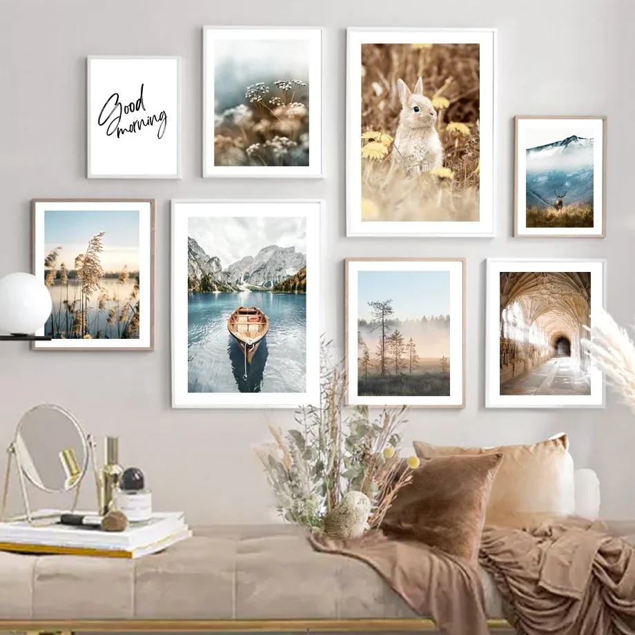 Autunno Flower Tunnel Rabbit Mountain Lake Reed Wall Art Canvas Painting Nordic Poster E Stampe Decor Pictures For Living Room