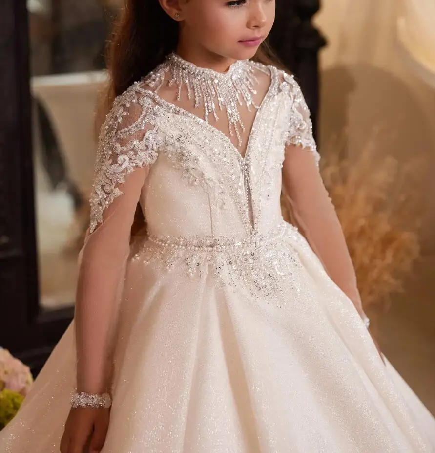 New Shining Flower Girl Dress For Wedding Lace Puffy Sequins Beading Full Sleeve Kids Birthday Party First Communion Gowns