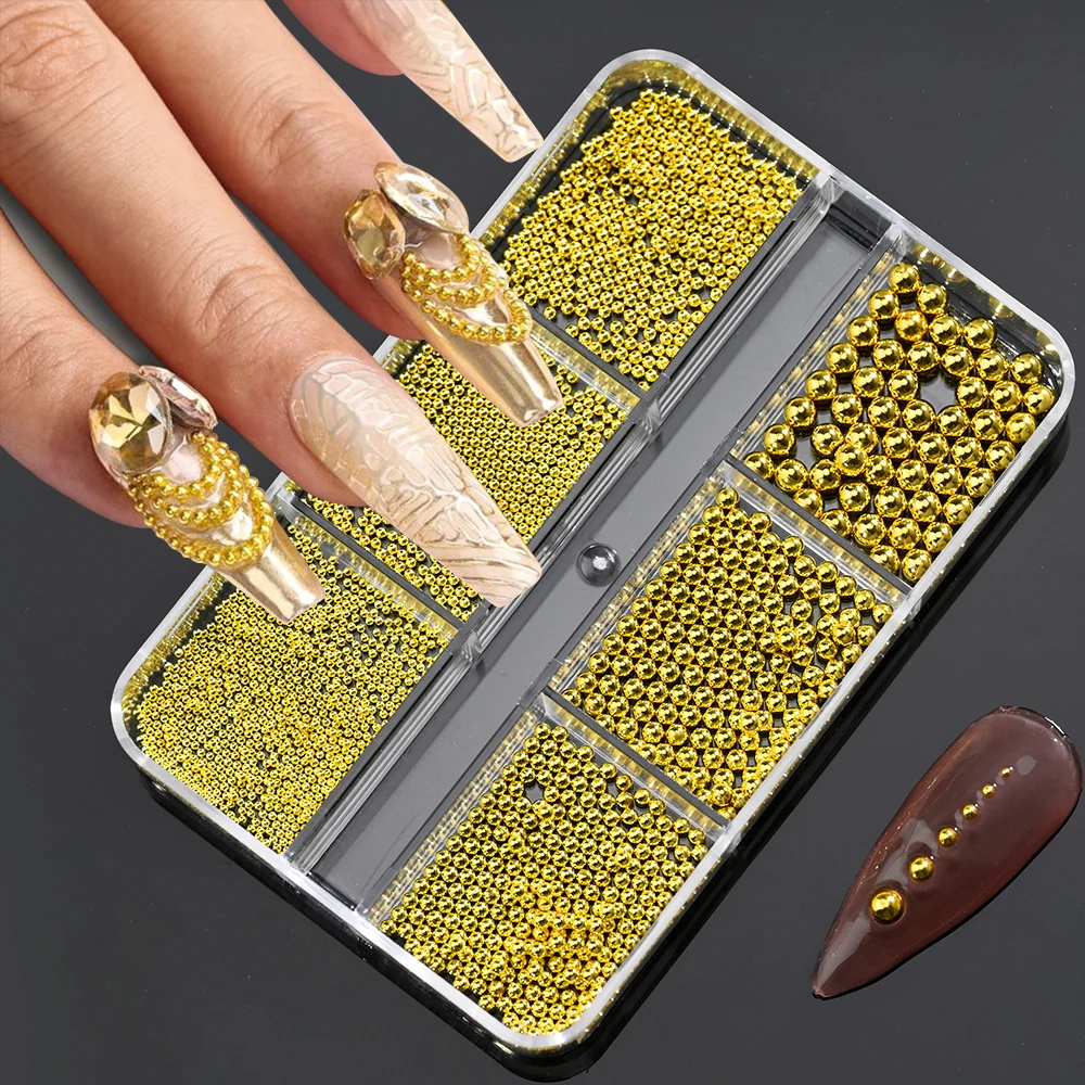 6Gird/box 스테인레스 스틸 캐비어 비즈 네일 아트 혼합 크기 합금 골드/실버 건 비드 네일 참 0.8-3mm 매니큐어 마이크로 볼