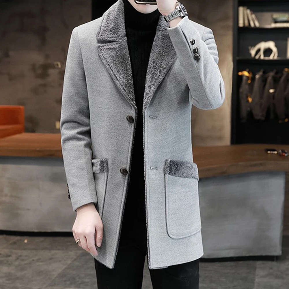 

Men's Fur Lined Winter Warm Single Breasted Overcoat Trench Coat Long Jacket Outwear Windbreaker Light Grey M 2XL