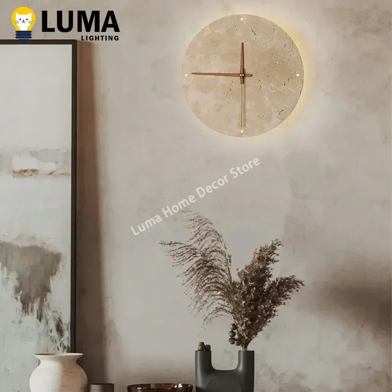 Luma Wabi-Sabi Yellow Travertine Wall Light, Round Shape Natural Stone Clock for Interior Living Room Bedroom Home-Application