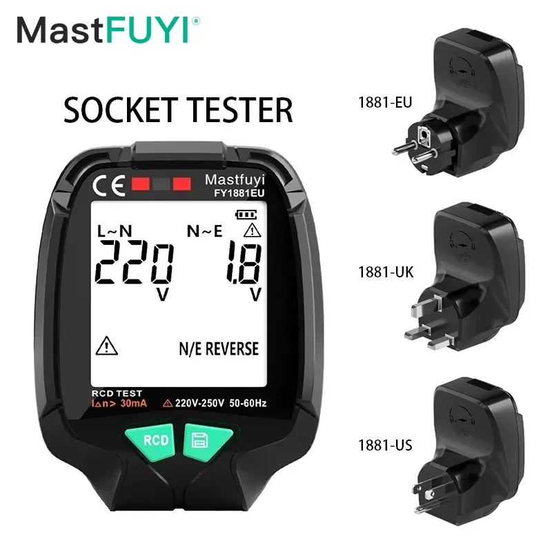 Mastfuyi Socket Tester Full Screen Ground Zero Tester Di Tensione Ca 30V-250V Rcd Test Plug Controllo Di Fase Di Polarità Spina Eu/Us/Uk