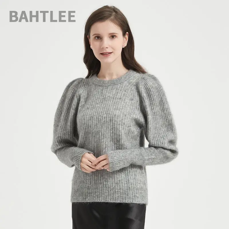

BAHTLEE-Женский короткий пуловер из супермохера, свитер с круглым вырезом, длинные рукава с рюшами, шерстяной вязаный джемпер, весна