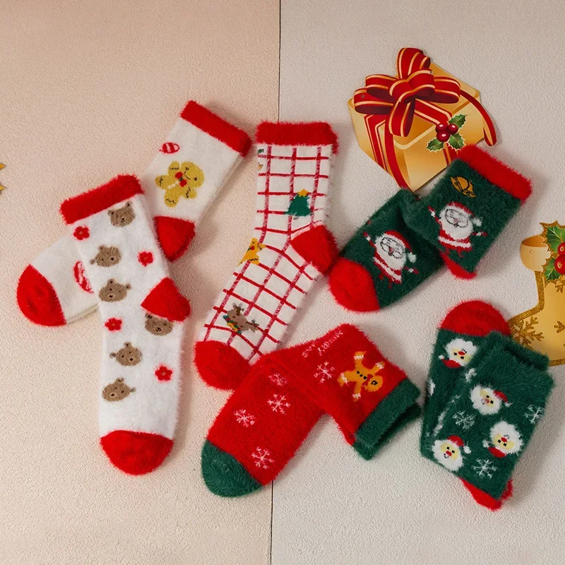 

Cross-border Foreign Trade Christmas Socks Cartoon Pattern Plaid Simple Mid-tube Socks Mink Fur Winter Thickened Socks