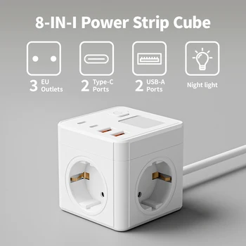 1 EU 8-in-1 power socket, with 1.5-meter extension cord power board, 3 AC sockets & 2 USB & 2 Type-C & dimmable small night ligh 1