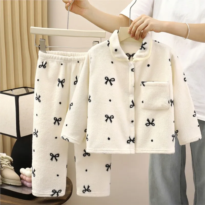Winter Thicken Children's Sleep Wear Set Warm Home Clothes Flannel Pajamas for Boys And Girls 1-10Y