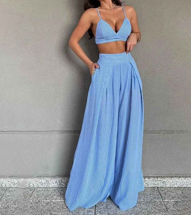 Two Piece Set Women Outfit 2024 Summer Stripe Sexy V-Neck Crop Strap Top & Casual High Waist Ruched Pocket Wide Leg Pants Set