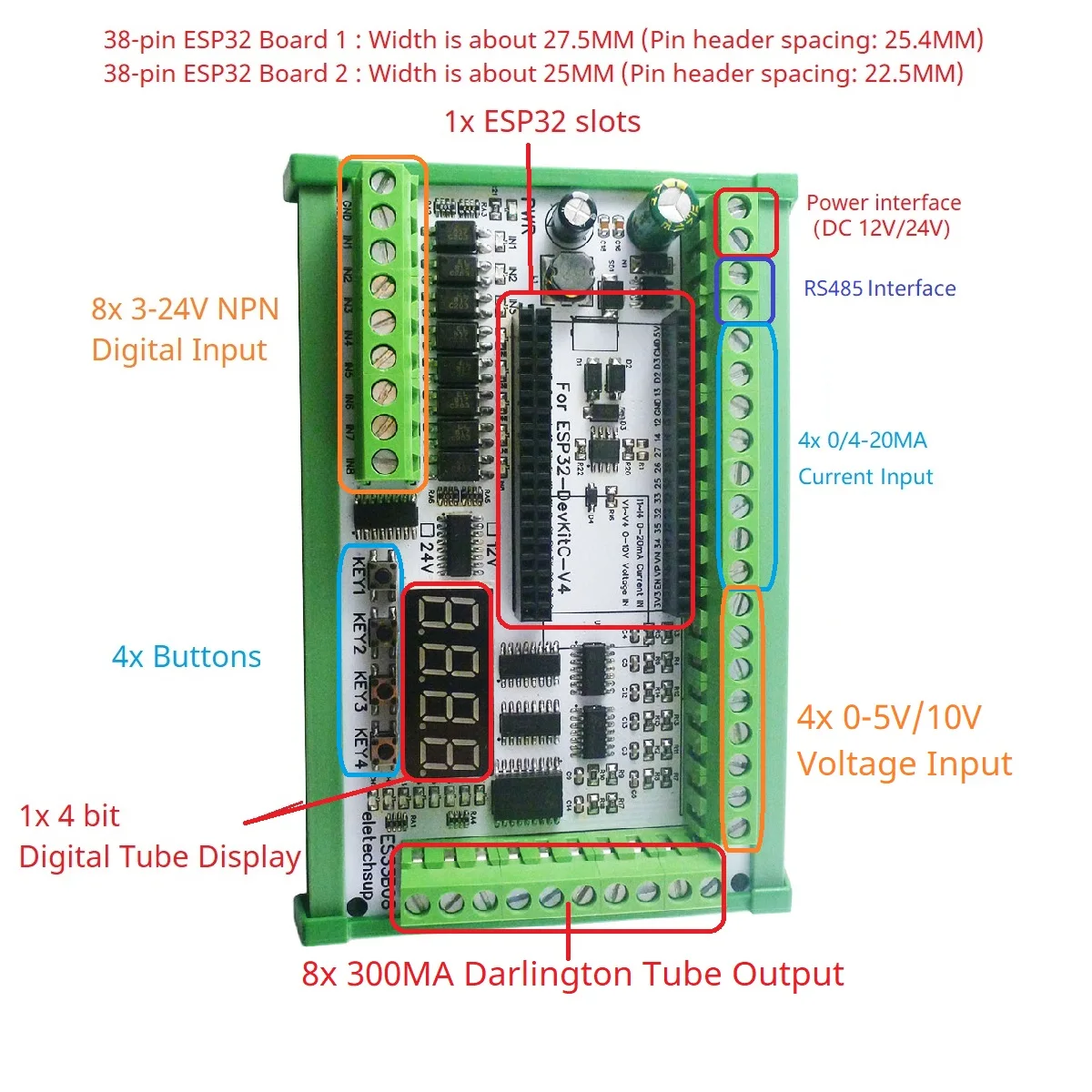 아날로그 컬렉션 와이파이 릴레이 스위치 DIY 확장 보드, 8AI-8DI-8DO DC 12V 24V ESP-WROOM-32 ESP32, RS485 4-20MA 0-5V 0-10V